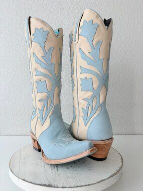 Lane JOLENE Cowboy Boots Blueberry Buttermilk Suede Leather Tall Snip Toe Sz 8.5